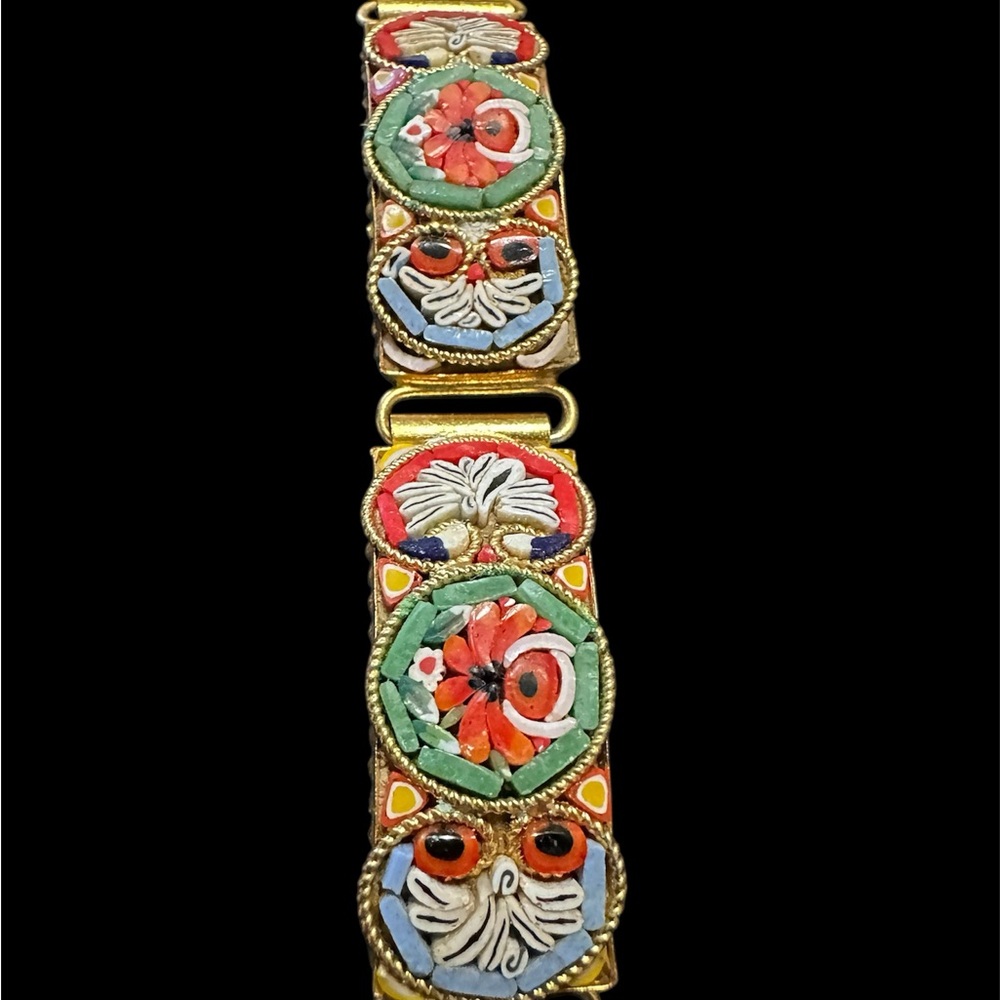 Vintage Millefiori Bracelet  Multicolor Micro Mosaic Floral Panels Goldtone 8" - Picture 5 of 8